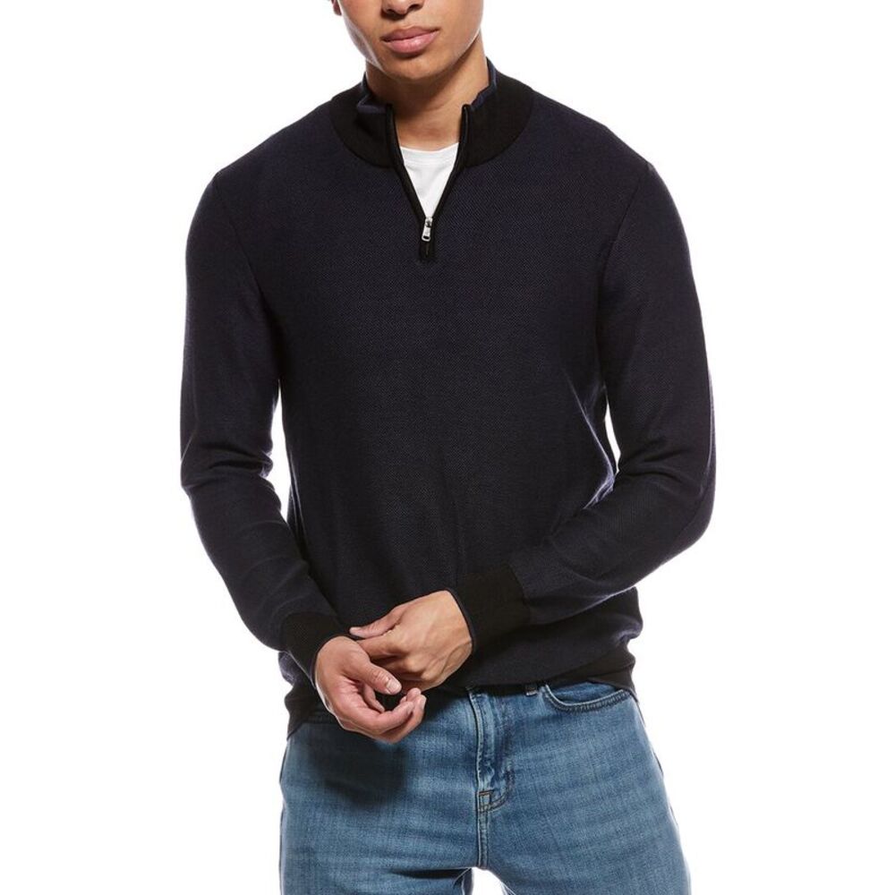 Raffi Mens  Links Stitch Zip Mock Neck Sweater, Black